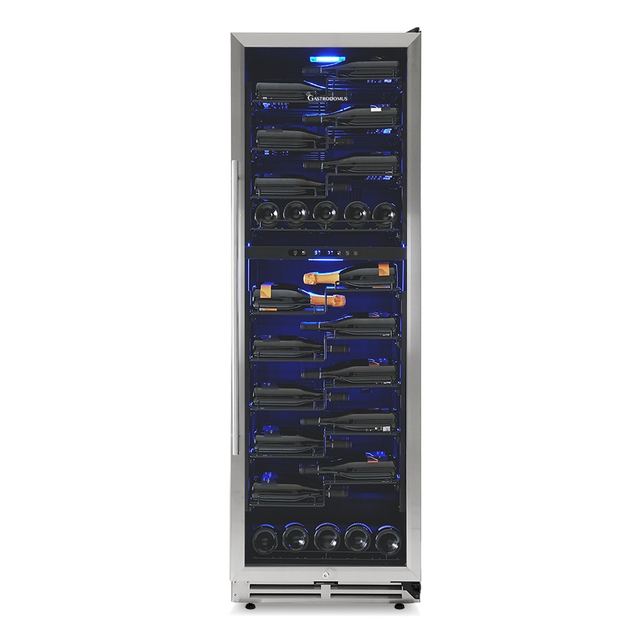 Cantina Vino Ventilata doppia temperatura porta inox 420 LT 9 ripiani 107 bottiglie +5°C/+22°C