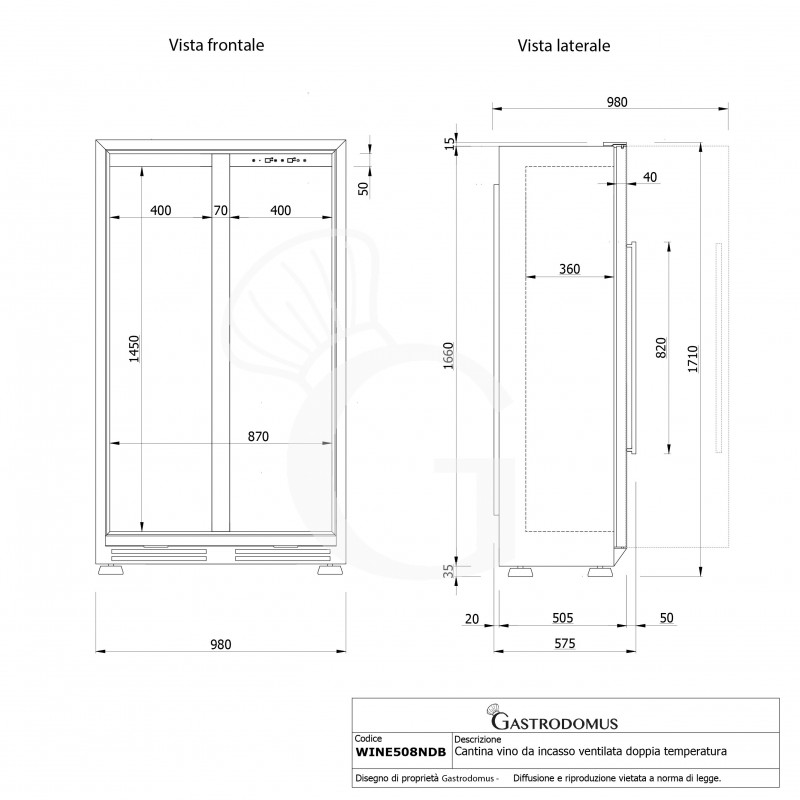 Cantina Vino Ventilata doppia temperatura 480 LT 14 ripiani 106 bottiglie +5°C/+22°C