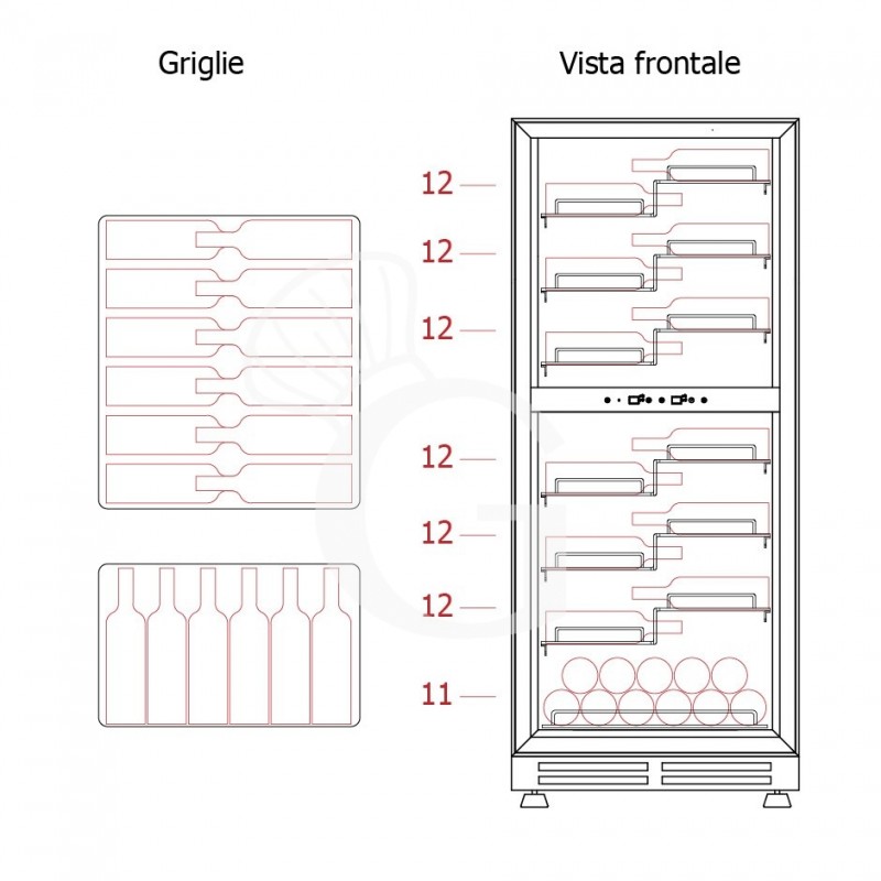 Cantina Vino Ventilata doppia temperatura porta inox 280 LT 7 ripiani 83 bottiglie +5°C/+22°C