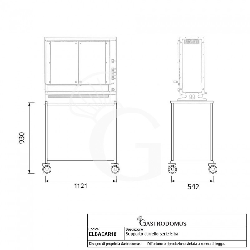 Carrello in inox con ruote per girarrosto 18/PELBA - H 930 mm