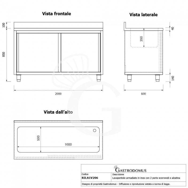 Lavapentole armadiato in acciaio inox,porte scorrevoli,alzatina,1 vasca, L 2000 x P 600 x H 950 mm