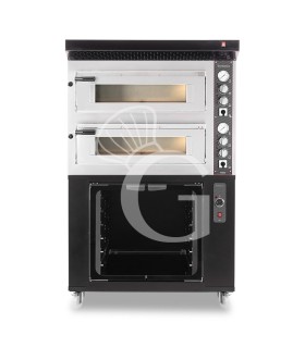 Forno Elettrico 2 camere per 4+4 pizze Ø 350 mm, controllo meccanico, completo di cappa nera e cella di lievitazione nera