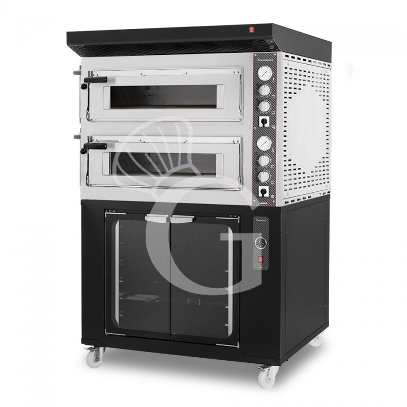 Forno Elettrico 2 camere per 4+4 pizze Ø 350 mm, controllo meccanico, completo di cappa nera e cella di lievitazione nera