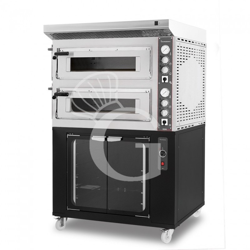 Forno Elettrico 2 camere per 4+4 pizze Ø 350 mm, controllo meccanico, completo di cappa inox e cella di lievitazione nera