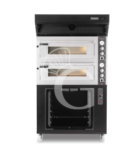 Forno Elettrico 2 camere per 4+4 pizze Ø 350 mm, controllo meccanico, cappa a condensazione nera e cella di lievitazione nera