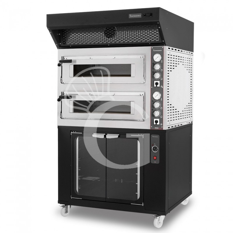 Forno Elettrico 2 camere per 4+4 pizze Ø 350 mm, controllo meccanico, cappa a condensazione nera e cella di lievitazione nera