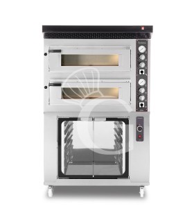 Forno Elettrico 2 camere per 4+4 pizze Ø 350 mm, controllo meccanico, completo di cappa nera e cella di lievitazione inox