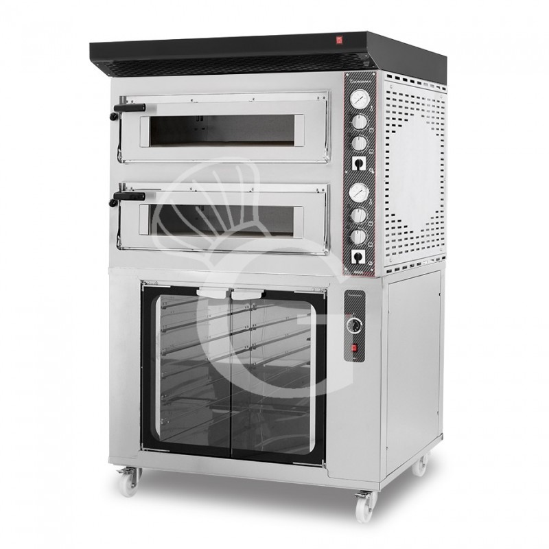 Forno Elettrico 2 camere per 4+4 pizze Ø 350 mm, controllo meccanico, completo di cappa nera e cella di lievitazione inox