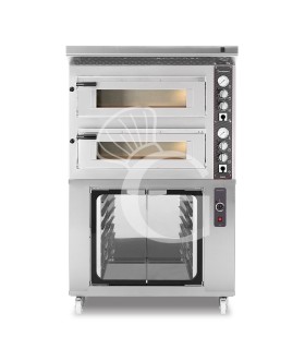 Forno Elettrico 2 camere per 4+4 pizze Ø 350 mm, controllo meccanico, completo di cappa inox e cella di lievitazione inox