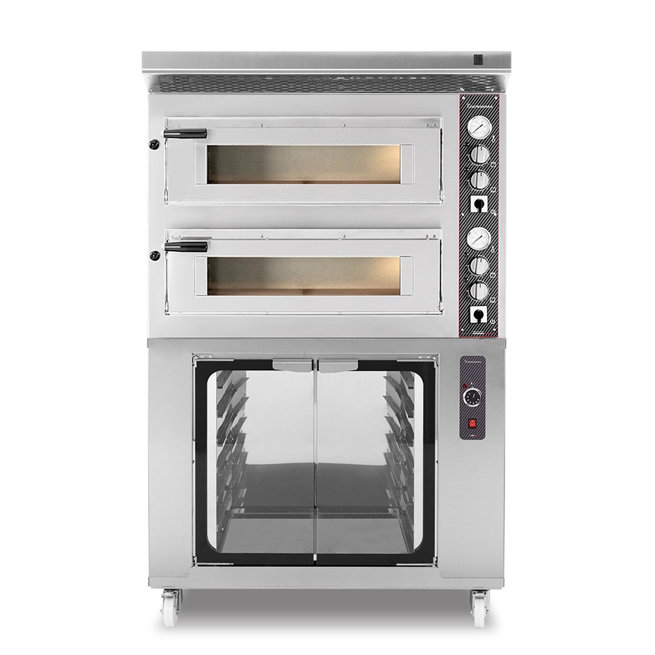 Forno Elettrico 2 camere per 4+4 pizze Ø 350 mm, controllo meccanico, completo di cappa inox e cella di lievitazione inox