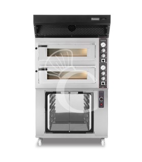 Forno Elettrico 2 camere per 4+4 pizze Ø 350 mm, controllo meccanico, cappa a condensazione nera e cella di lievitazione inox