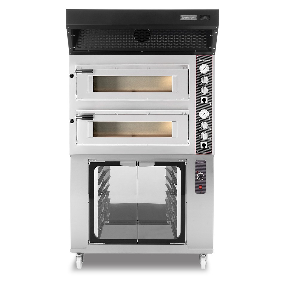 Forno Elettrico 2 camere per 4+4 pizze Ø 350 mm, controllo meccanico, cappa a condensazione nera e cella di lievitazione inox