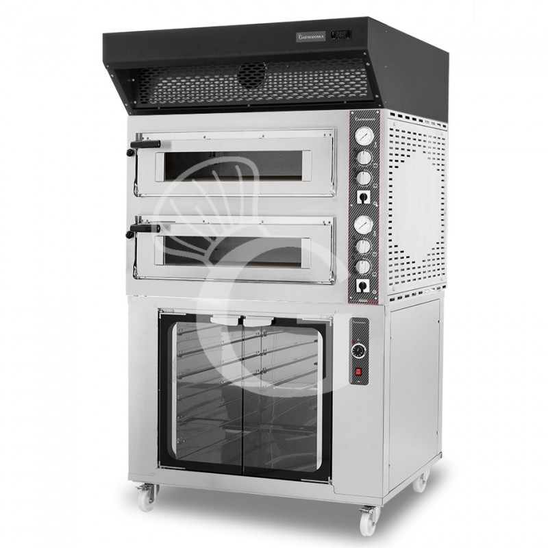 Forno Elettrico 2 camere per 4+4 pizze Ø 350 mm, controllo meccanico, cappa a condensazione nera e cella di lievitazione inox