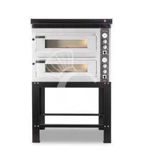 Forno Elettrico 2 camere per 4+4 pizze Ø 350 mm, controllo meccanico, completo di cappa nera e supporto