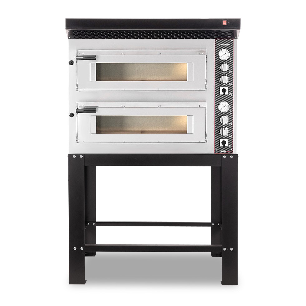 Forno Elettrico 2 camere per 4+4 pizze Ø 350 mm, controllo meccanico, completo di cappa nera e supporto