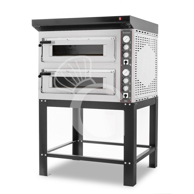 Forno Elettrico 2 camere per 4+4 pizze Ø 350 mm, controllo meccanico, completo di cappa nera e supporto