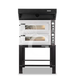 Forno Elettrico 2 camere per 4+4 pizze Ø 350 mm, controllo meccanico, completo di cappa a condensazione nera e supporto
