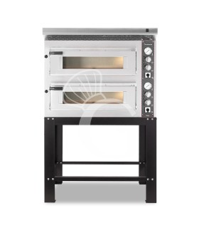 Forno Elettrico 2 camere per 4+4 pizze Ø 350 mm, controllo meccanico, completo di cappa inox e supporto
