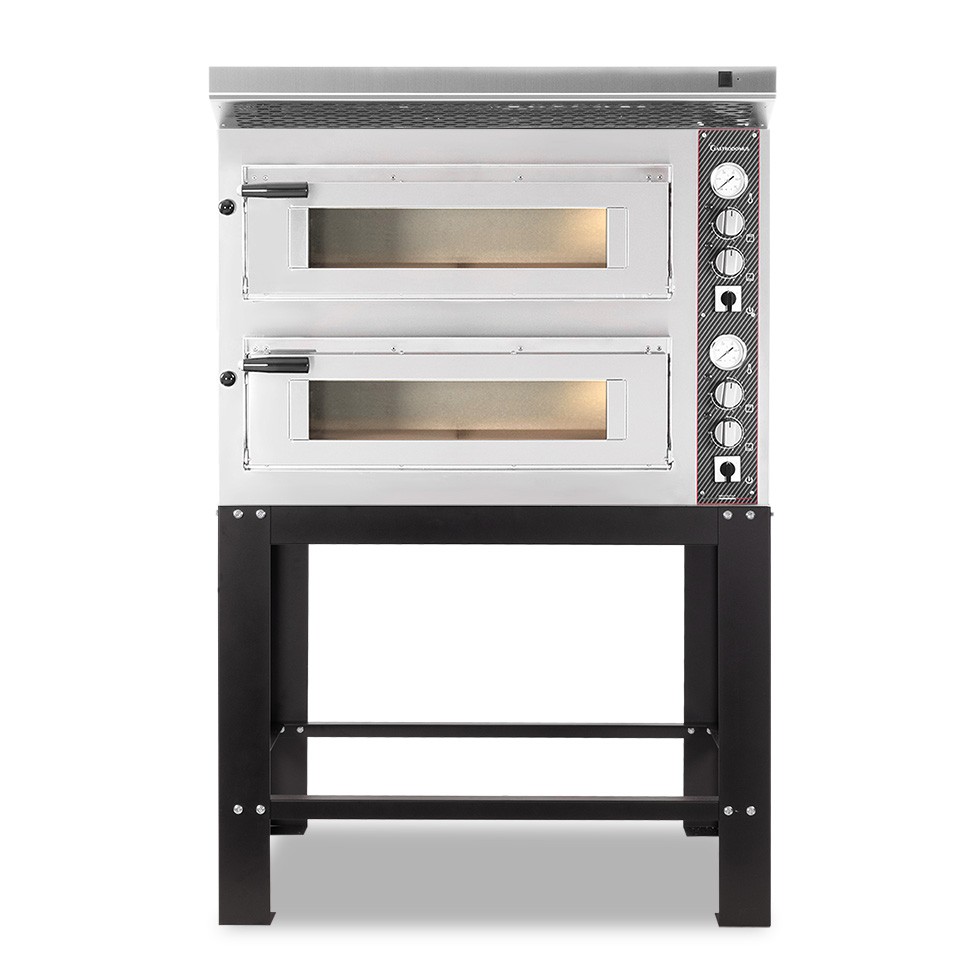Forno Elettrico 2 camere per 4+4 pizze Ø 350 mm, controllo meccanico, completo di cappa inox e supporto