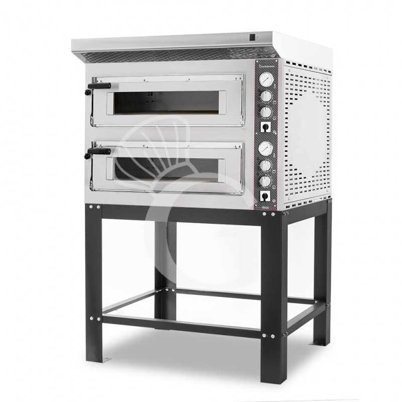 Forno Elettrico 2 camere per 4+4 pizze Ø 350 mm, controllo meccanico, completo di cappa inox e supporto
