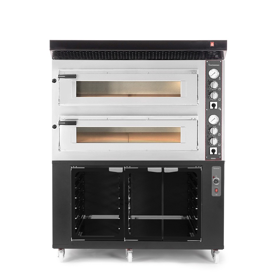 Forno Elettrico 2 camere per 6+6 pizze Ø 350 mm, controllo meccanico, completo di cappa nera e cella di lievitazione nera
