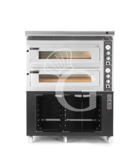 Forno Elettrico 2 camere per 6+6 pizze Ø 350 mm, controllo meccanico, completo di cappa inox e cella di lievitazione nera