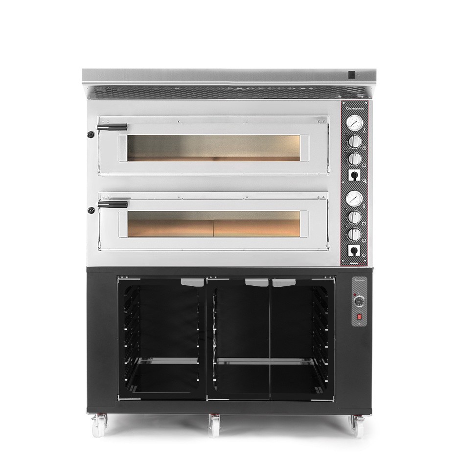 Forno Elettrico 2 camere per 6+6 pizze Ø 350 mm, controllo meccanico, completo di cappa inox e cella di lievitazione nera