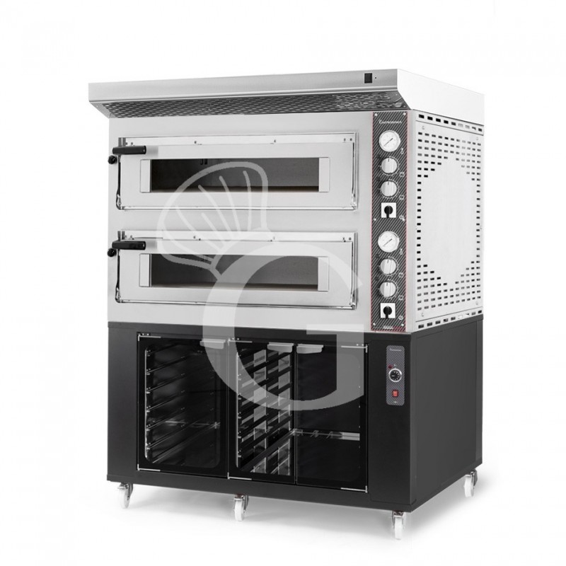Forno Elettrico 2 camere per 6+6 pizze Ø 350 mm, controllo meccanico, completo di cappa inox e cella di lievitazione nera