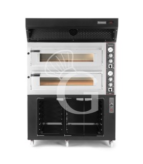 Forno Elettrico 2 camere per 6+6 pizze Ø 350mm, controllo meccanico, con cappa a condensazione nera e cella di lievitazione nera