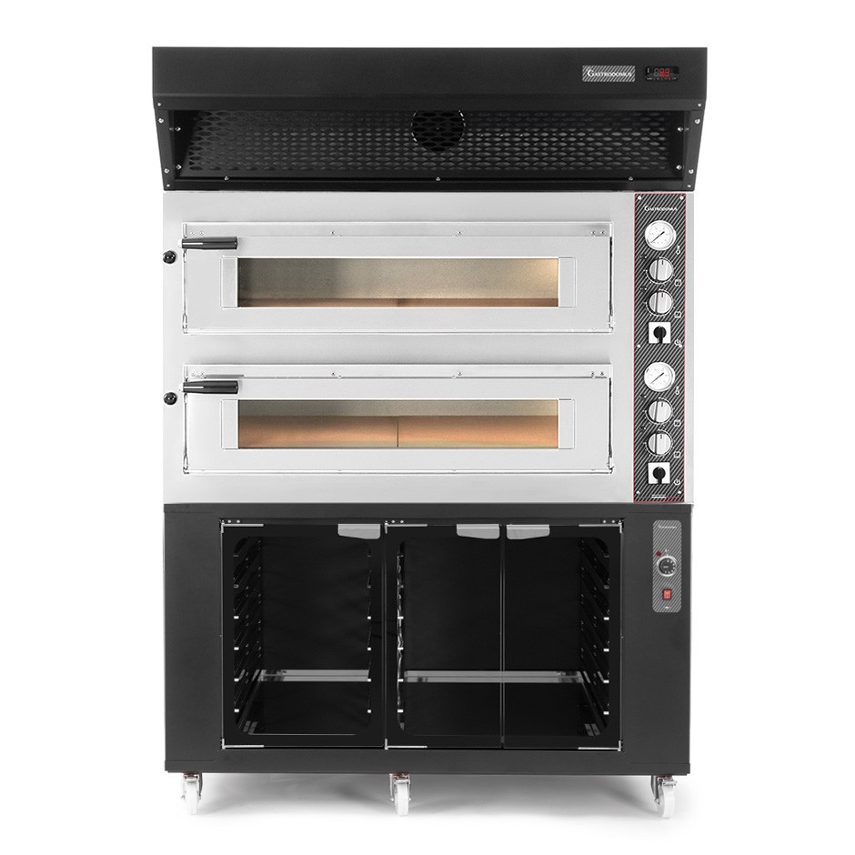 Forno Elettrico 2 camere per 6+6 pizze Ø 350mm, controllo meccanico, con cappa a condensazione nera e cella di lievitazione nera