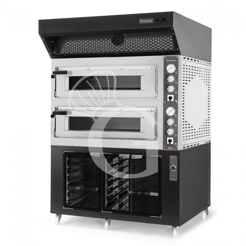 Forno Elettrico 2 camere per 6+6 pizze Ø 350mm, controllo meccanico, con cappa a condensazione nera e cella di lievitazione nera