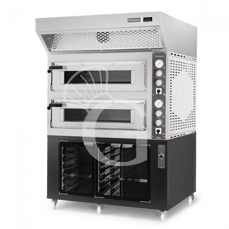Forno Elettrico 2 camere per 6+6 pizze Ø 350mm, controllo meccanico, con cappa a condensazione inoxe cella di lievitazione nera