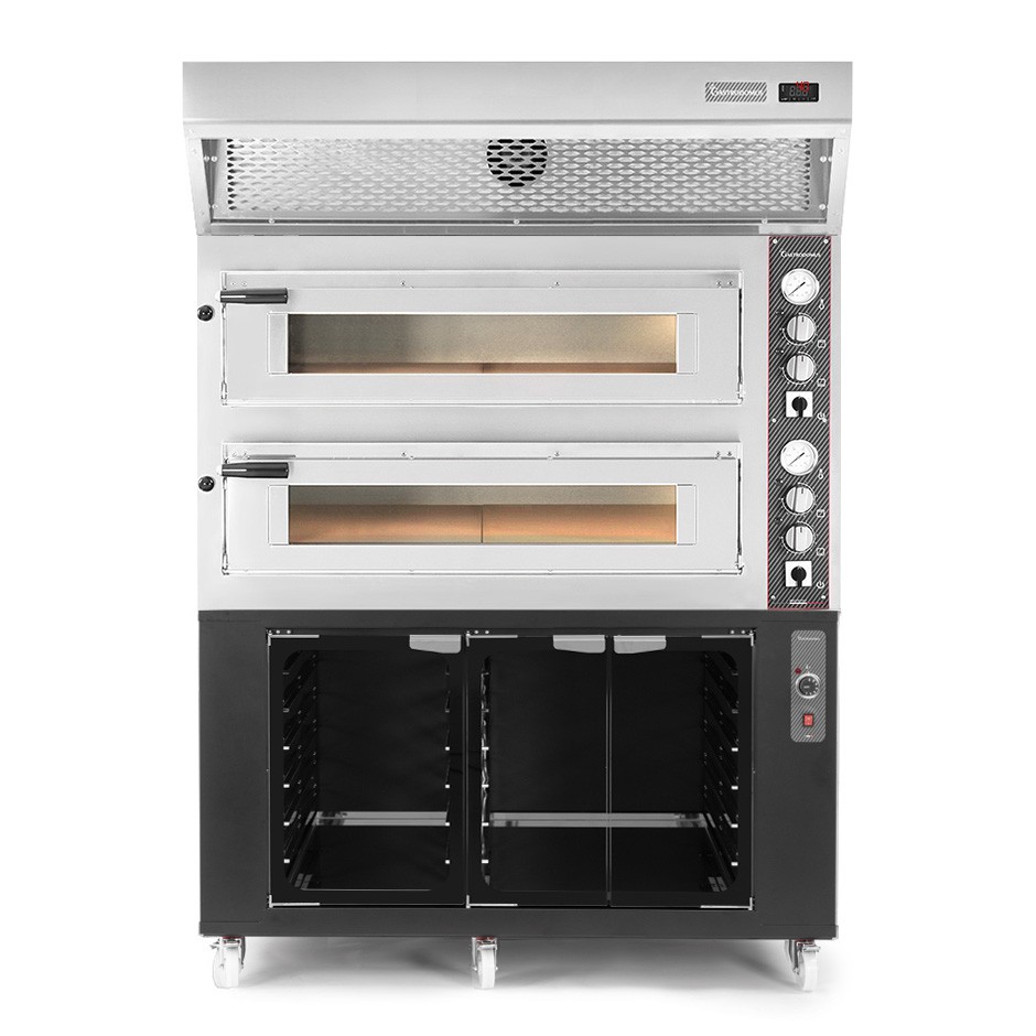 Forno Elettrico 2 camere per 6+6 pizze Ø 350mm, controllo meccanico, con cappa a condensazione inoxe cella di lievitazione nera