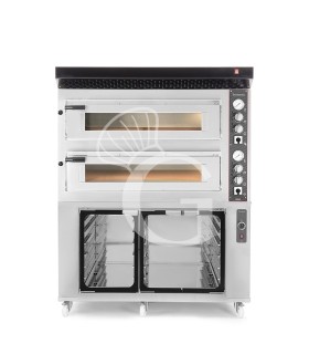 Forno Elettrico 2 camere per 6+6 pizze Ø 350 mm, controllo meccanico, completo di cappa nera e cella di lievitazione inox