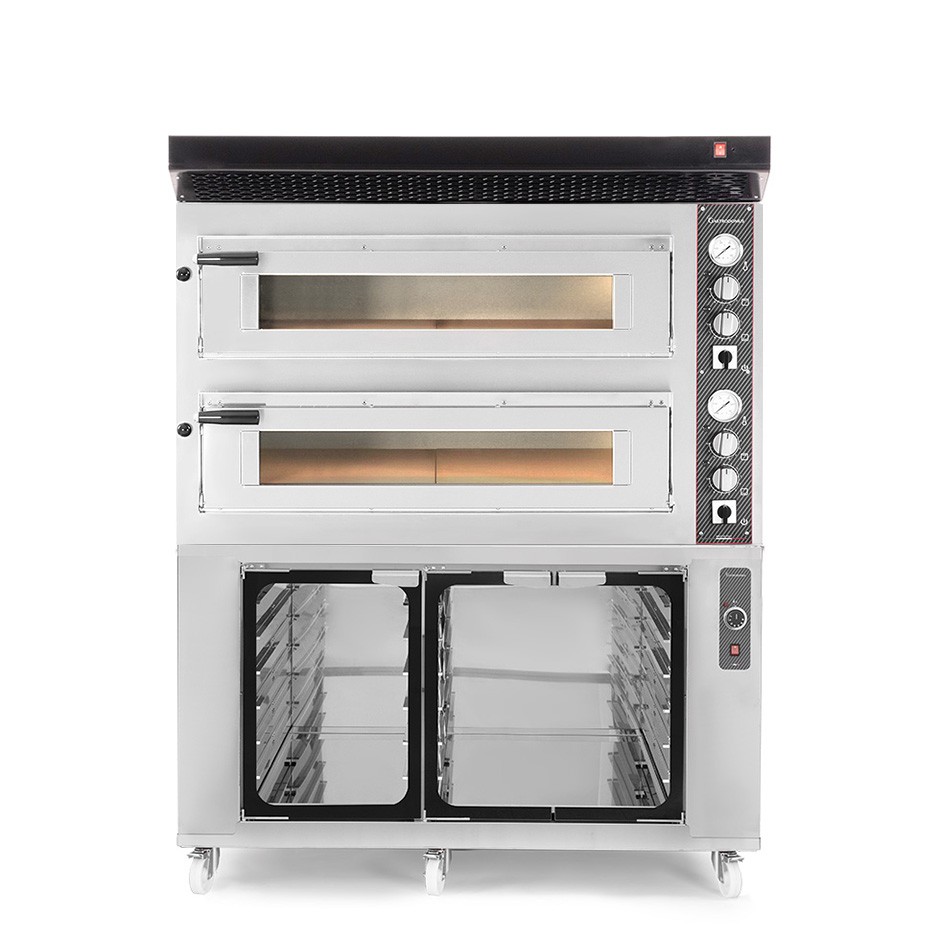 Forno Elettrico 2 camere per 6+6 pizze Ø 350 mm, controllo meccanico, completo di cappa nera e cella di lievitazione inox