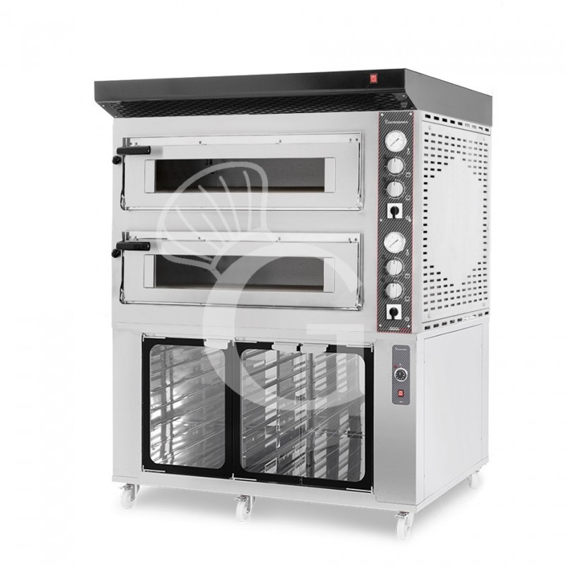 Forno Elettrico 2 camere per 6+6 pizze Ø 350 mm, controllo meccanico, completo di cappa nera e cella di lievitazione inox