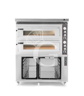 Forno Elettrico 2 camere per 6+6 pizze Ø 350 mm, controllo meccanico, completo di cappa inox e cella di lievitazione inox