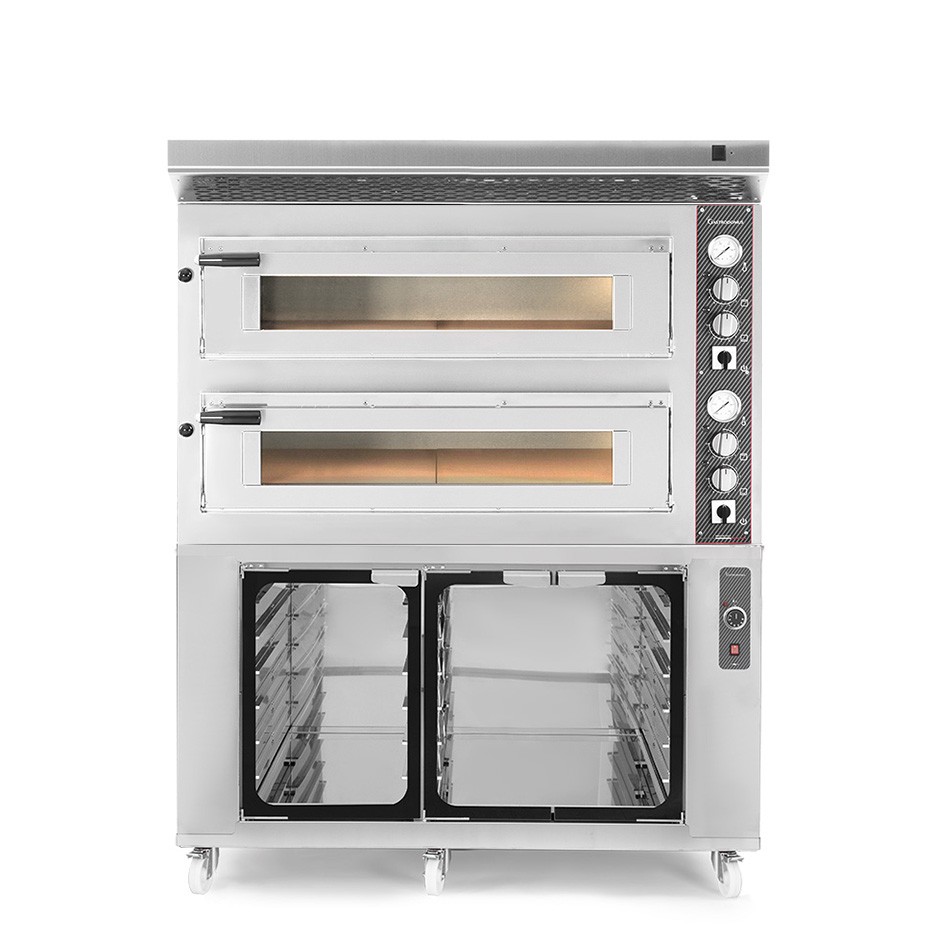 Forno Elettrico 2 camere per 6+6 pizze Ø 350 mm, controllo meccanico, completo di cappa inox e cella di lievitazione inox