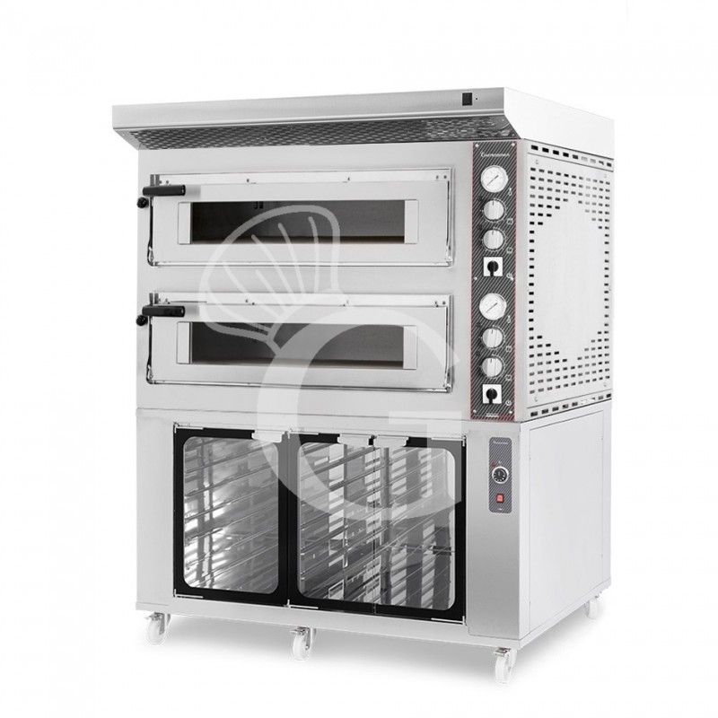 Forno Elettrico 2 camere per 6+6 pizze Ø 350 mm, controllo meccanico, completo di cappa inox e cella di lievitazione inox