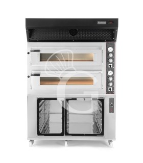 Forno Elettrico 2 camere per 6+6 pizze Ø 350mm, controllo meccanico, con cappa a condensazione nera e cella di lievitazione inox