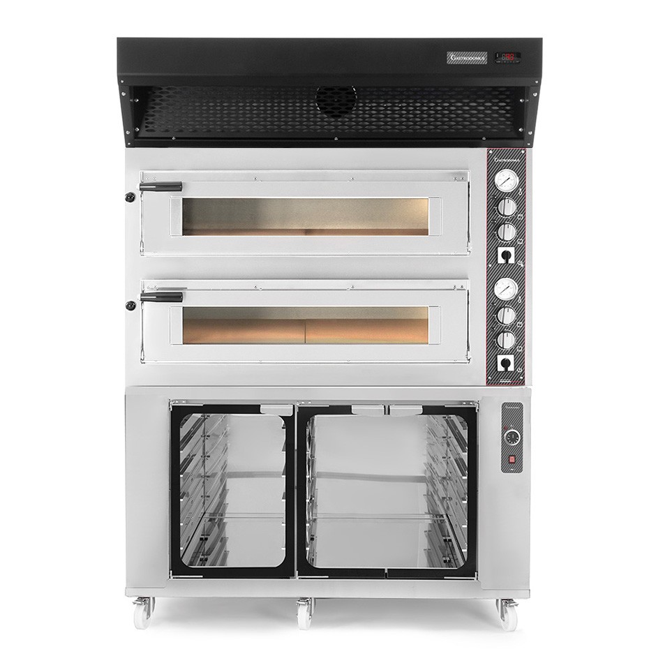 Forno Elettrico 2 camere per 6+6 pizze Ø 350mm, controllo meccanico, con cappa a condensazione nera e cella di lievitazione inox