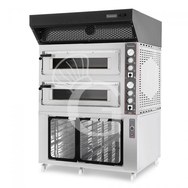 Forno Elettrico 2 camere per 6+6 pizze Ø 350mm, controllo meccanico, con cappa a condensazione nera e cella di lievitazione inox