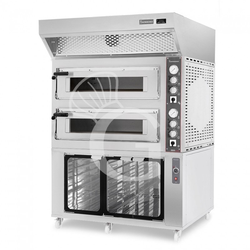 Forno Elettrico 2 camere per 6+6 pizze Ø 350mm, controllo meccanico, con cappa a condensazione inox e cella di lievitazione inox