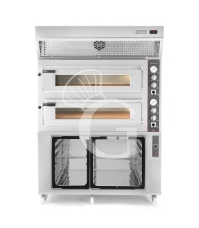 Forno Elettrico 2 camere per 6+6 pizze Ø 350mm, controllo meccanico, con cappa a condensazione inox e cella di lievitazione inox