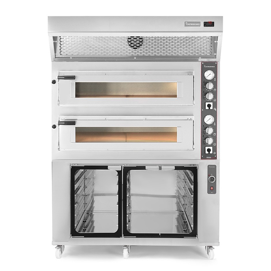 Forno Elettrico 2 camere per 6+6 pizze Ø 350mm, controllo meccanico, con cappa a condensazione inox e cella di lievitazione inox