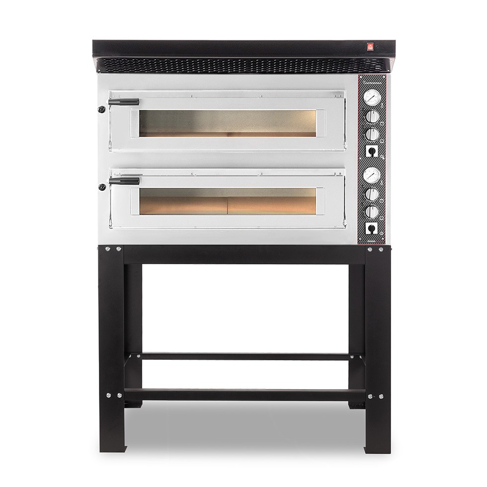 Forno Elettrico 2 camere per 6+6 pizze Ø 350 mm, controllo meccanico, completo di cappa nera e supporto