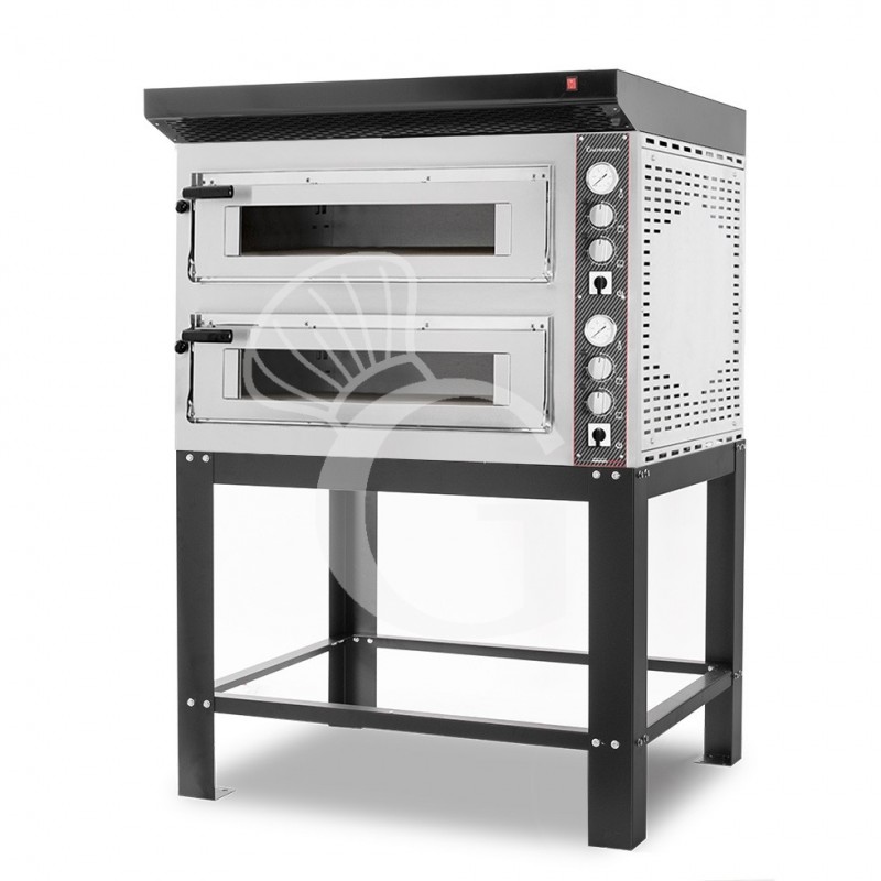 Forno Elettrico 2 camere per 6+6 pizze Ø 350 mm, controllo meccanico, completo di cappa nera e supporto