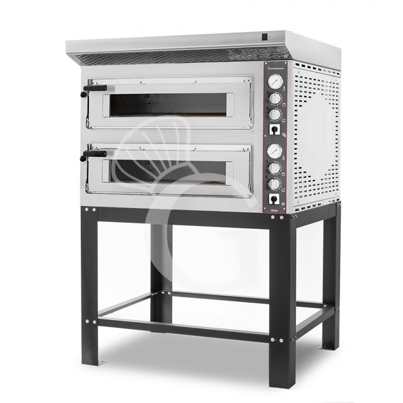 Forno Elettrico 2 camere per 6+6 pizze Ø 350 mm, controllo meccanico, completo di cappa inox e supporto