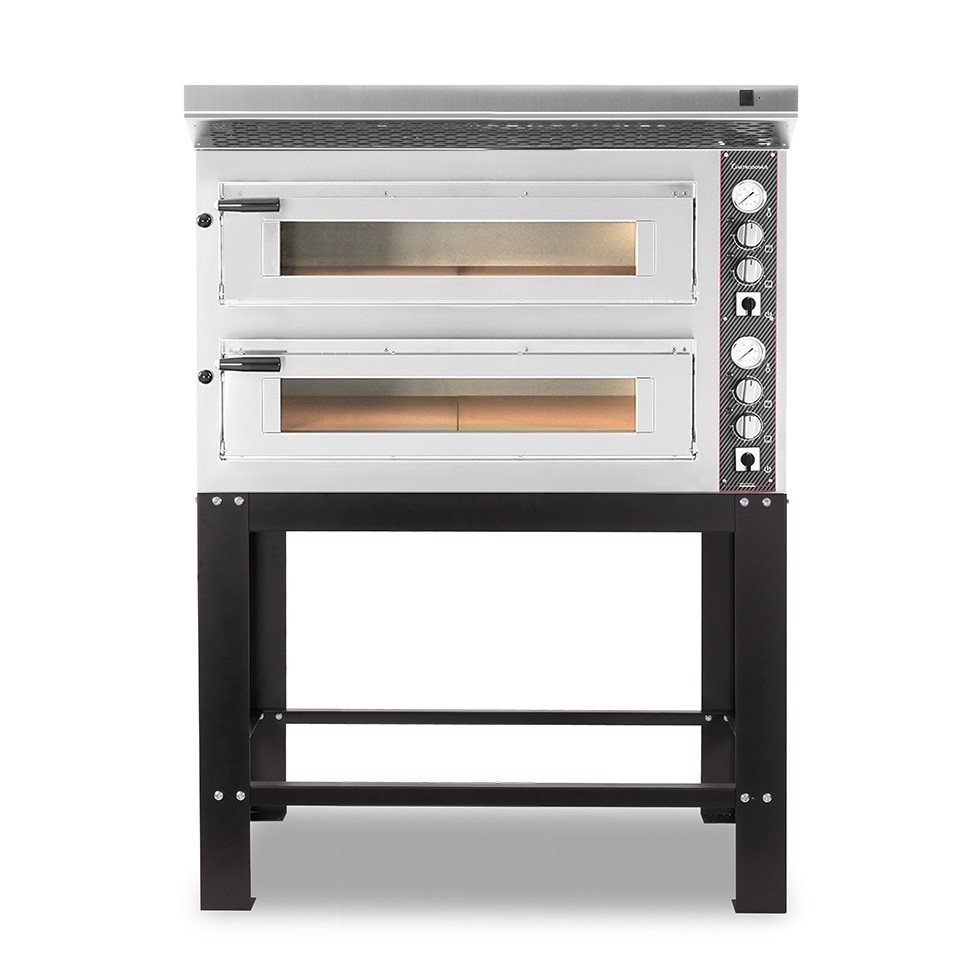 Forno Elettrico 2 camere per 6+6 pizze Ø 350 mm, controllo meccanico, completo di cappa inox e supporto