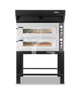 Forno Elettrico 2 camere per 6+6 pizze Ø 350mm, controllo meccanico, con cappa a condensazione nera e supporto